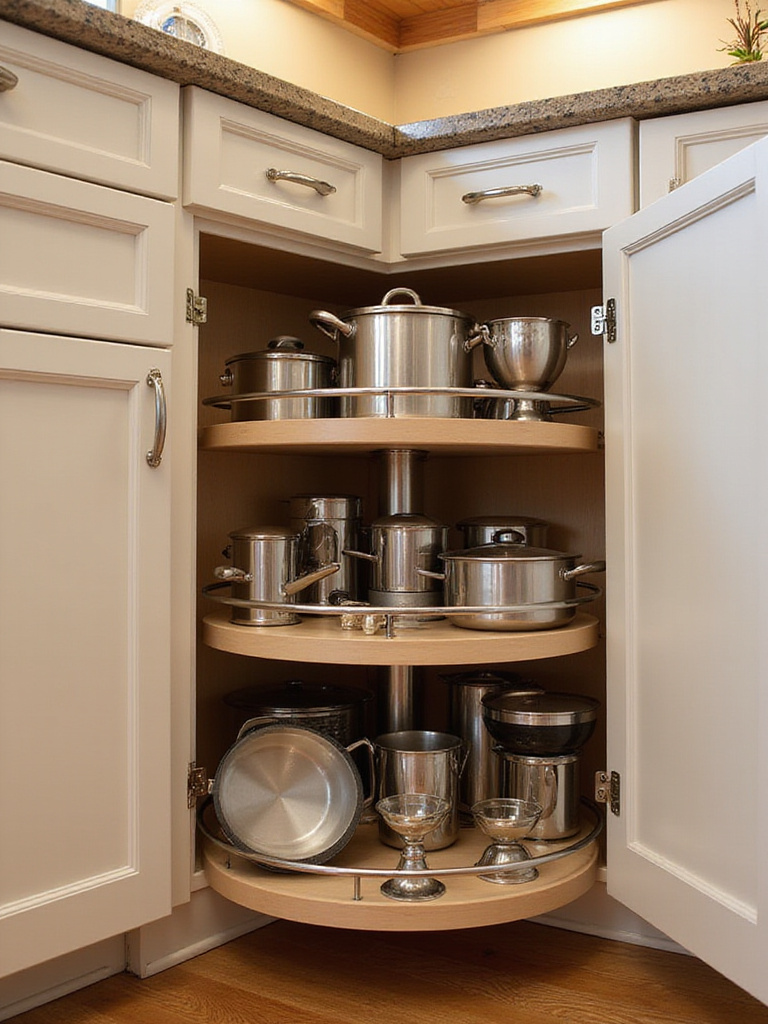 Kidney-shaped Lazy Susan inside an open kitchen corner base cabinet, organized with pots and pans.