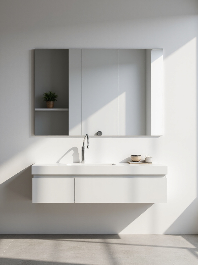 Minimalist bathroom with large frameless mirror enhancing light and space