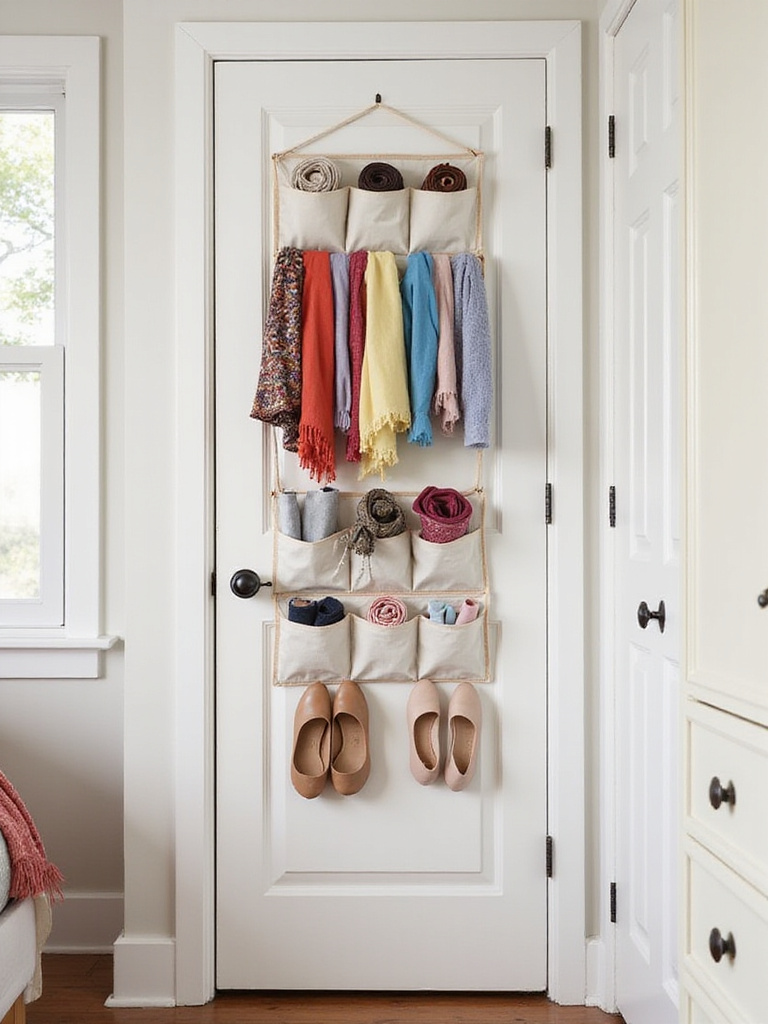 Over-the-door organizer on a bedroom door, storing shoes, belts, and scarves, in a tidy room.