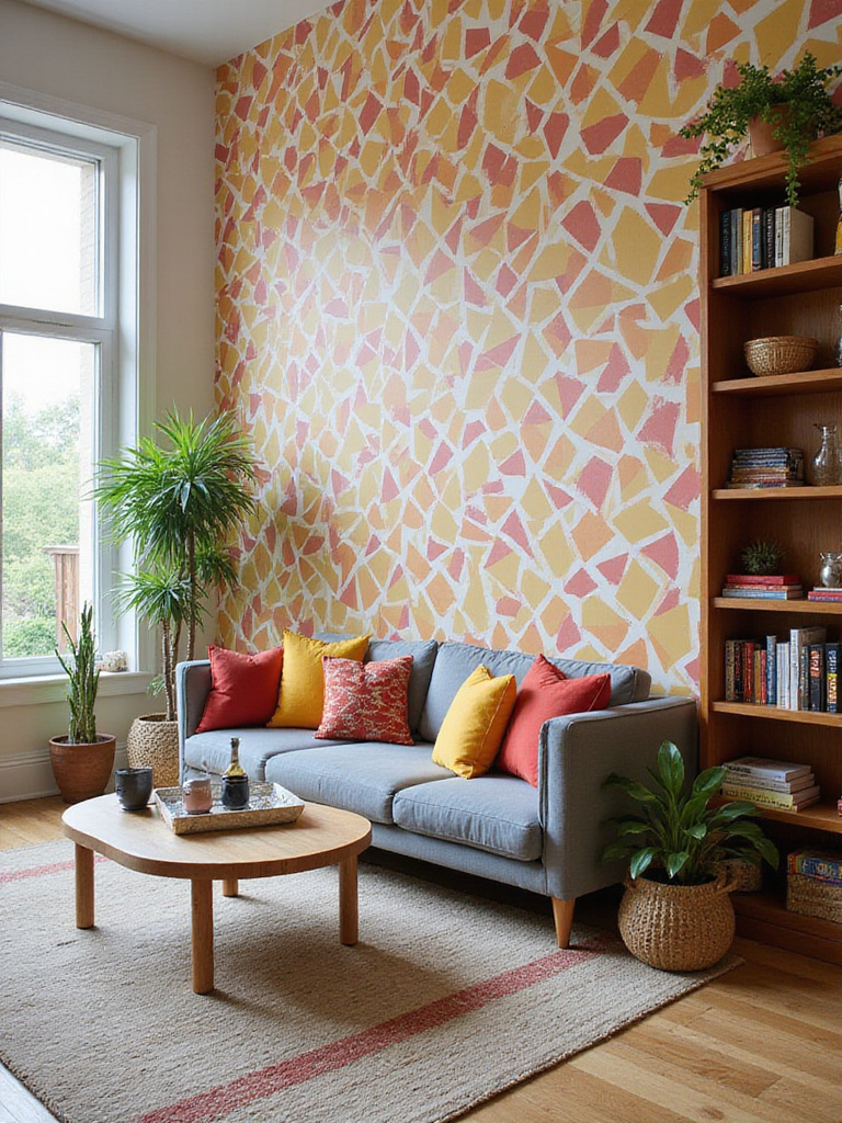 Living room with peel-and-stick wallpaper accent wall.