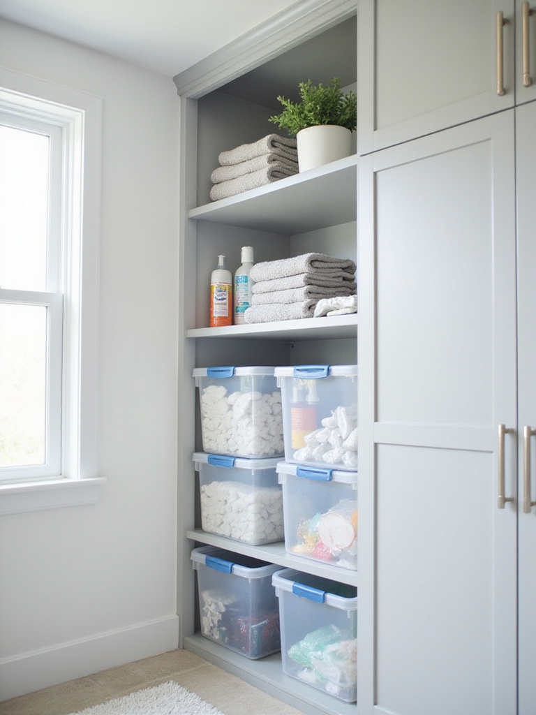 Stackable bins and shelves organizing laundry supplies in a modern laundry room.