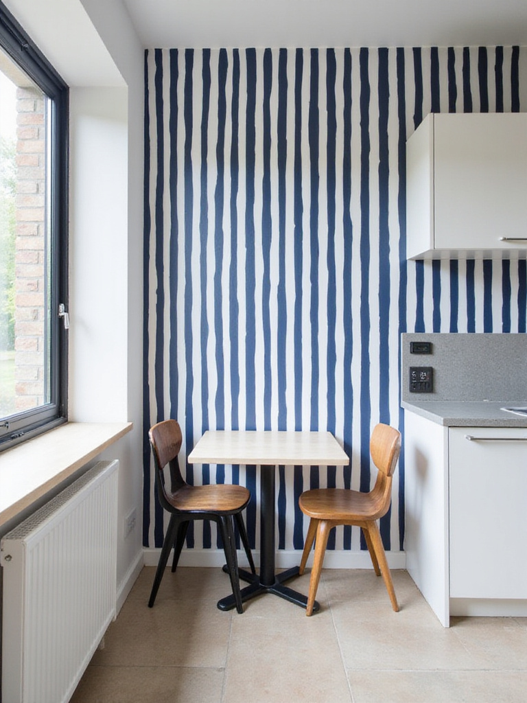 Modern kitchen featuring a dining area defined by a bold, vertical navy and white striped wallpaper accent wall. The stripes visually separate the dining zone from the main kitchen space.