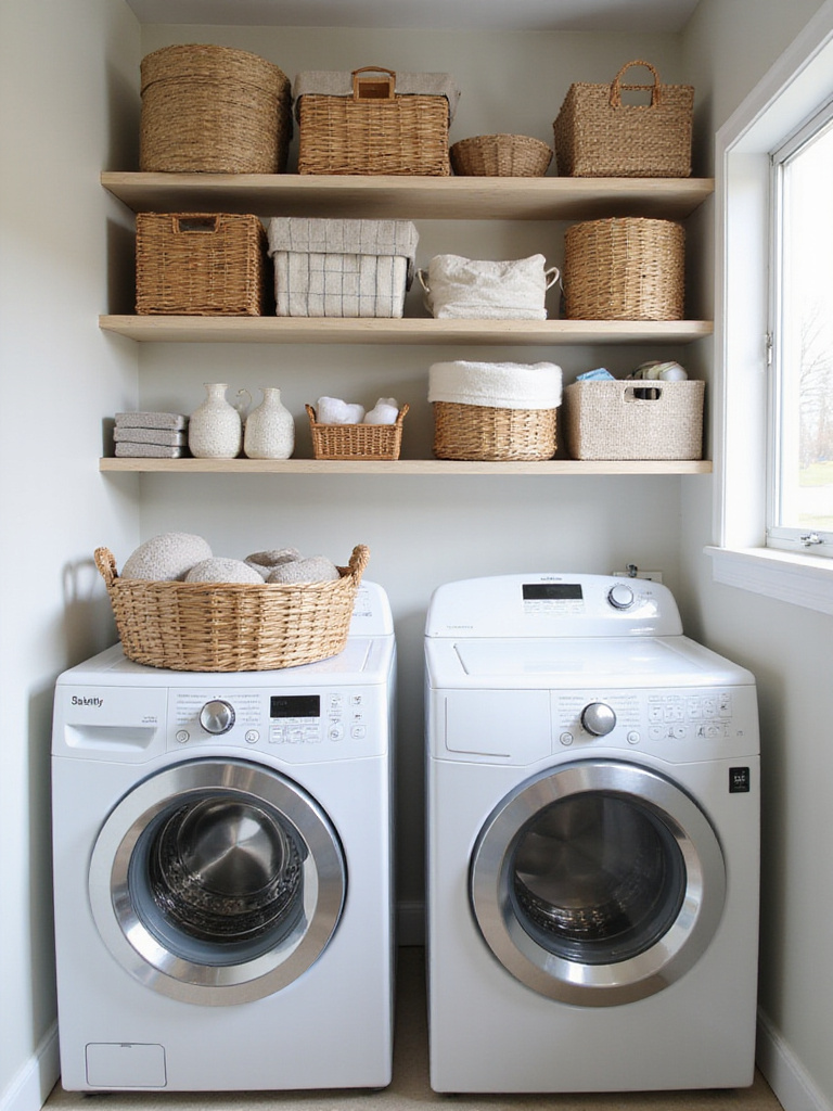 Stylish storage baskets and bins neatly arranged on shelves and counters in a modern, organized laundry room.