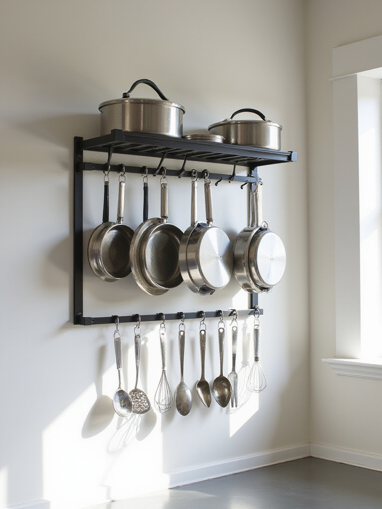 Wall-mounted pot and utensil racks in a modern kitchen, showcasing organized hanging storage for stainless steel cookware and cooking tools.
