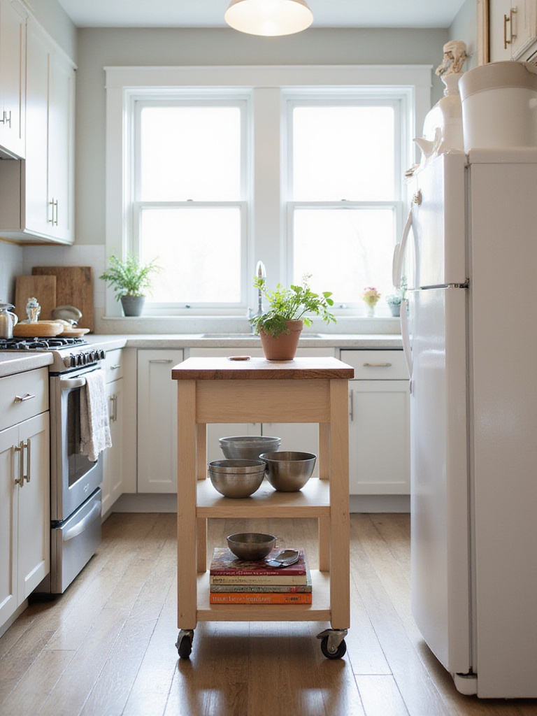 Small kitchen featuring a mobile kitchen island cart with a butcher block top and storage, maximizing workspace and flexibility.