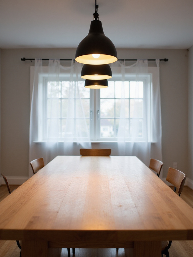 Three minimalist pendant lights hanging above a modern rectangular dining table.