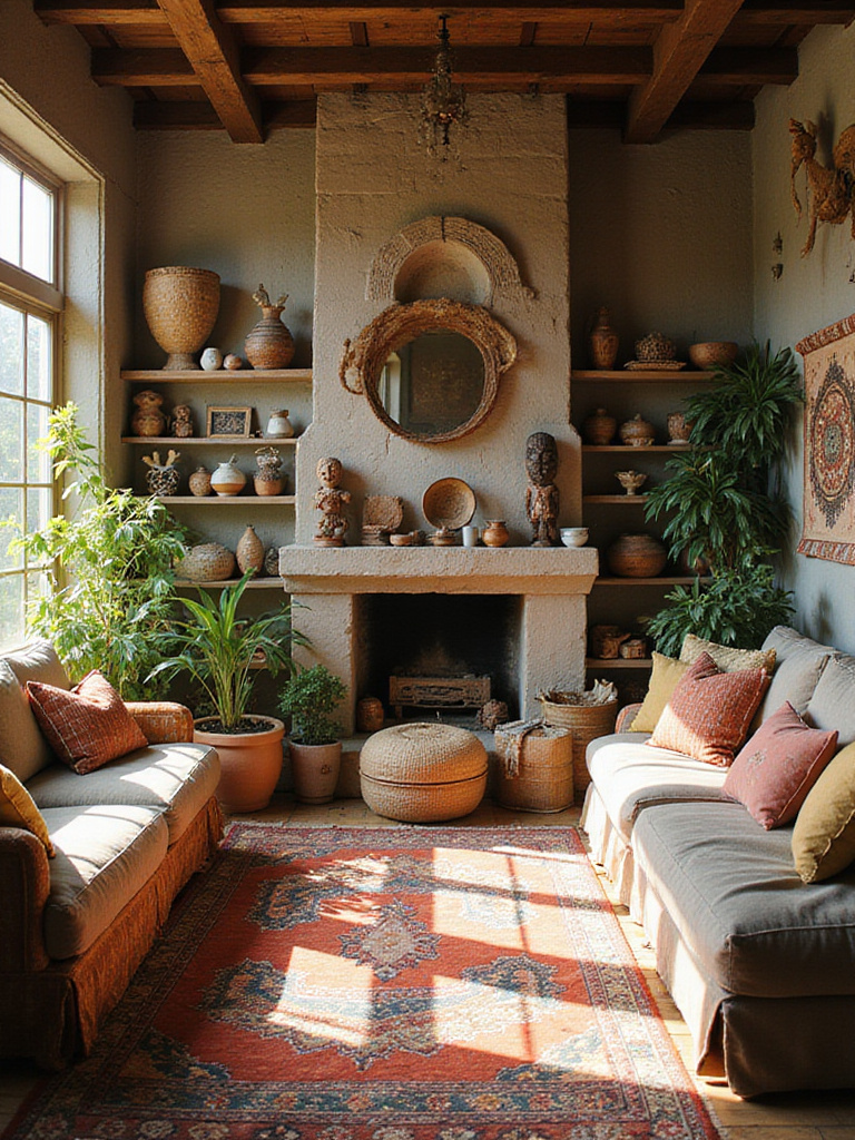 Eclectic bohemian living room filled with global artifacts, travel souvenirs, and plants displayed on shelves and walls, creating a warm and cultured space.