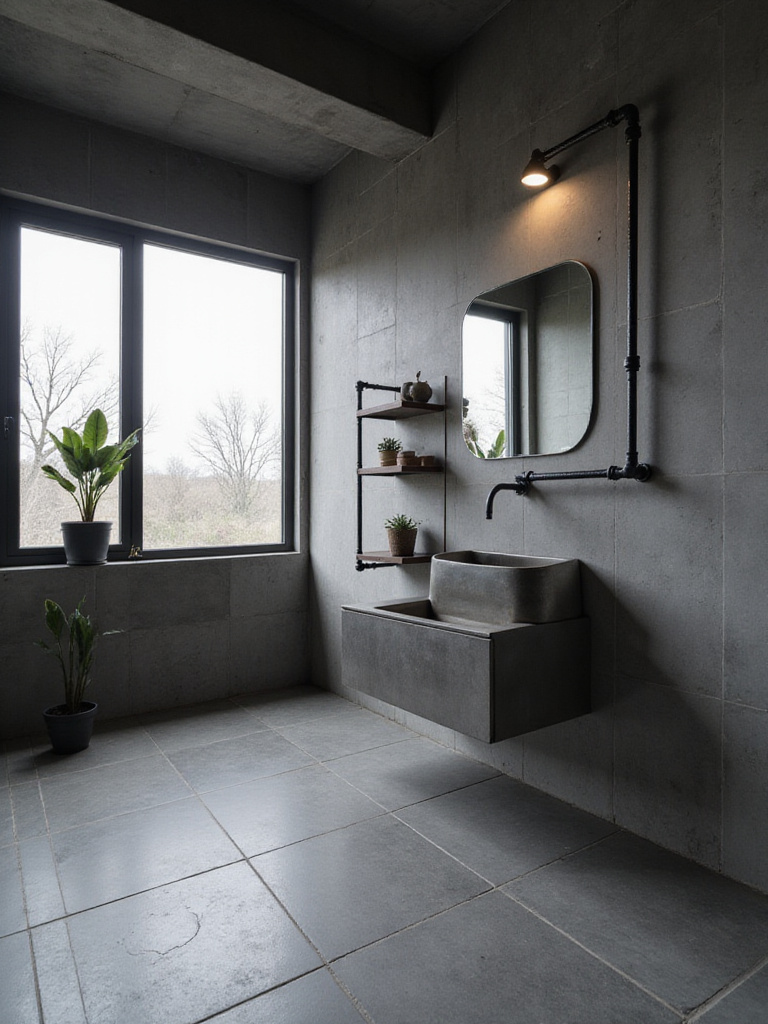 Industrial bathroom with seamless large-format dark grey concrete-look tile covering both the floor and walls, featuring a metal sink and exposed pipe shelving.