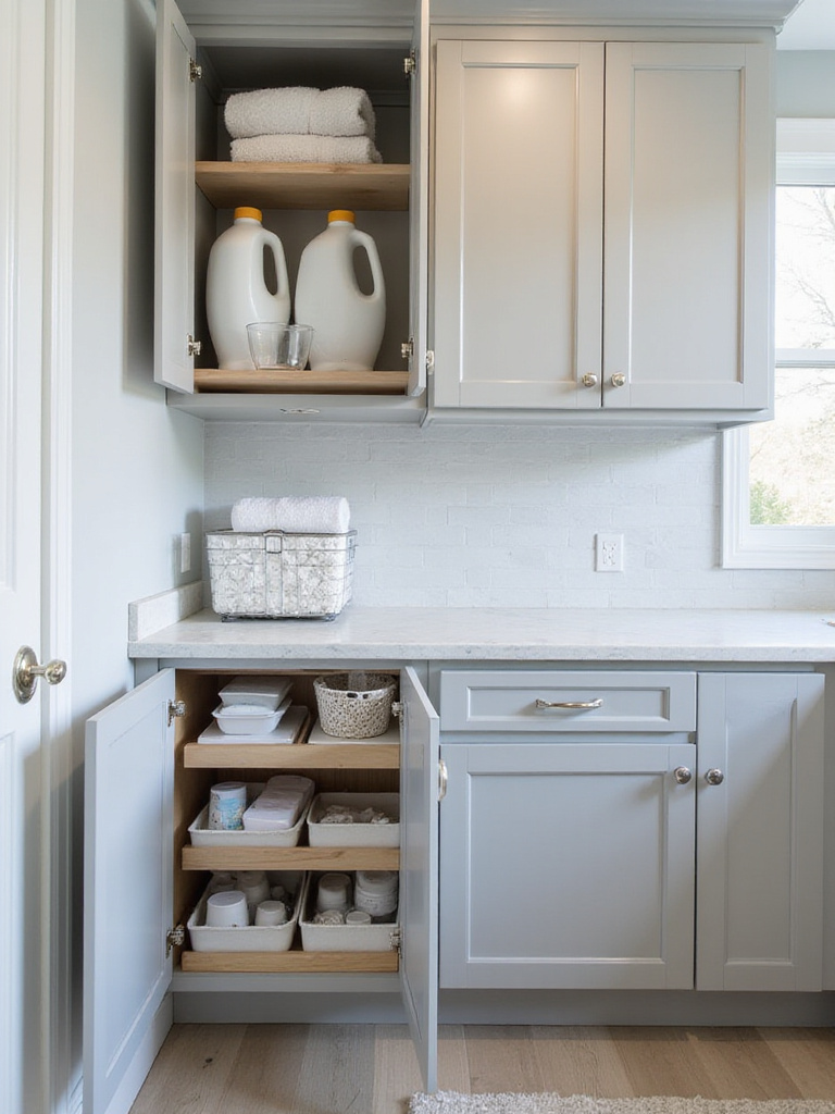 Light grey base cabinets in a laundry room, organized with detergent, fabric softener, and folded towels.