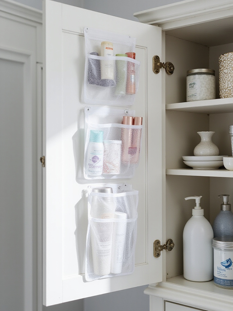 Organized bathroom cabinet with door organizers for slim items.