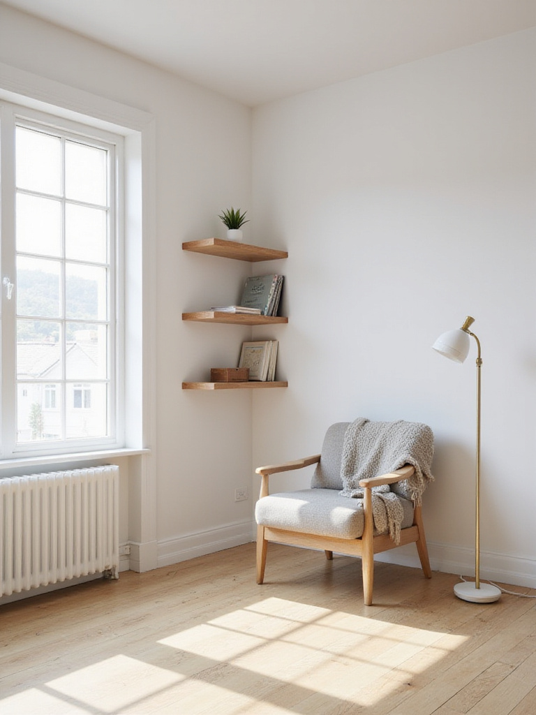 Small bedroom featuring corner shelves and a reading nook to maximize space.