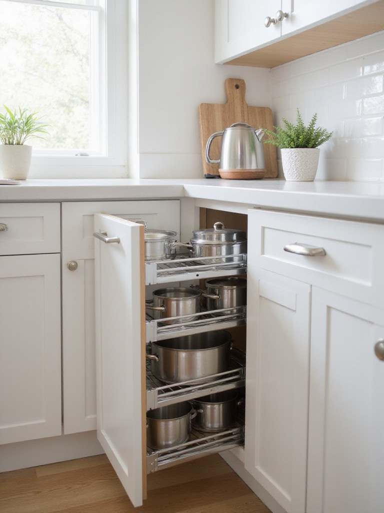 Smart pull-out storage system maximizing space in a small kitchen corner cabinet, showcasing organized pots and pans.