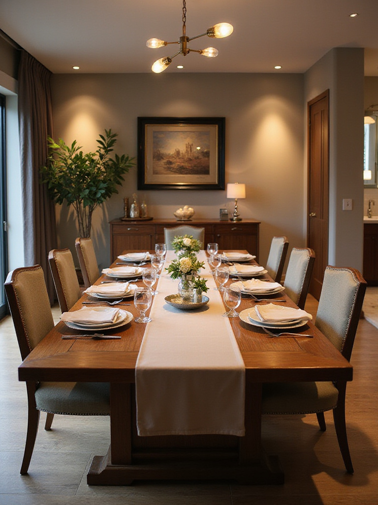 Elegant dining table with extension leaves set for a formal dinner, showcasing flexibility for hosting guests.