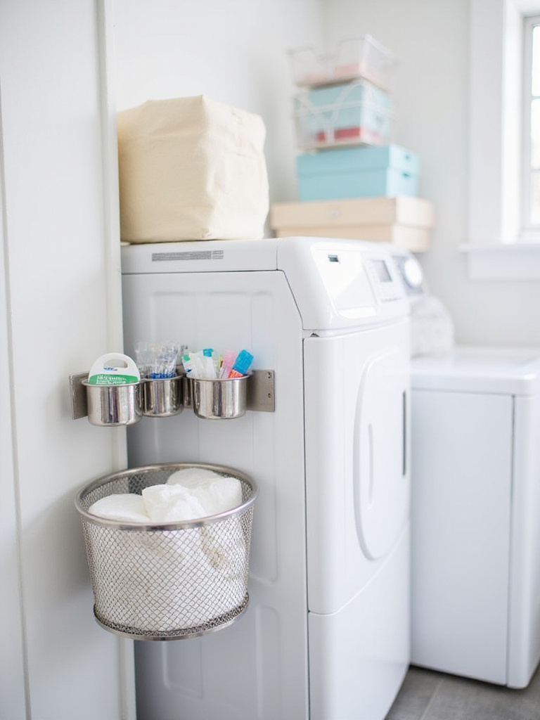 Organized laundry room featuring magnetic storage containers holding laundry supplies on the washing machine and dryer.