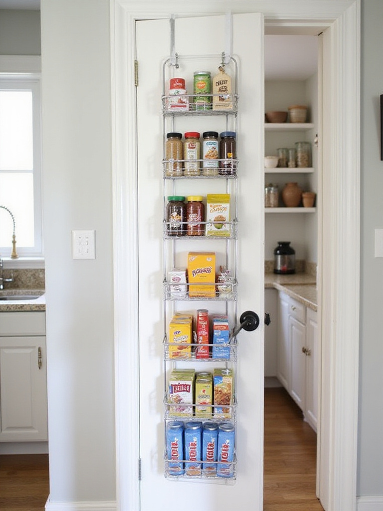 White pantry door with a silver multi-tiered over-the-door organizer storing spices, wraps, and snacks.