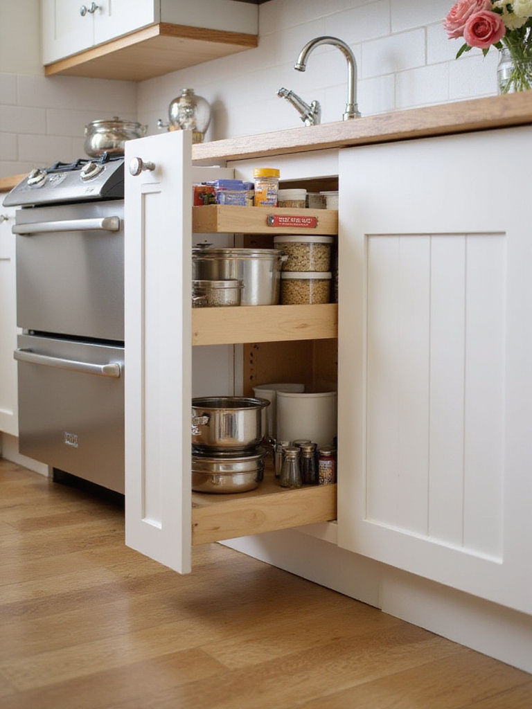 Pull-out shelves extended from a deep kitchen base cabinet, filled with organized pots, pans, and pantry items, demonstrating efficient storage.