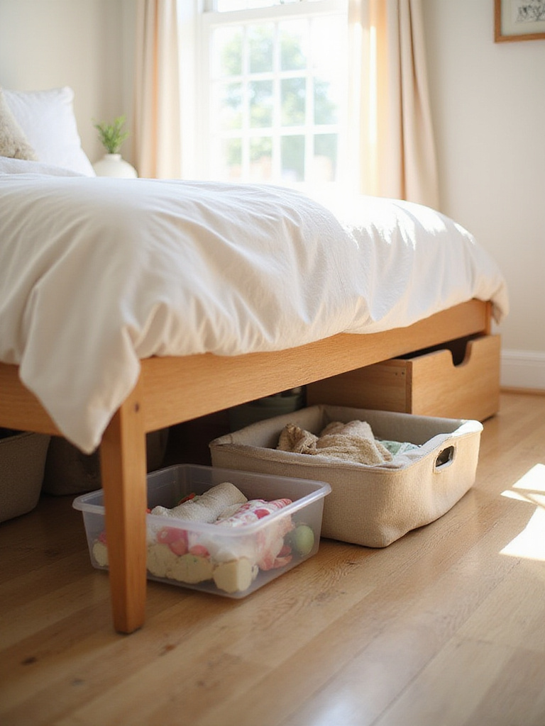 Tidy bedroom showing various types of under-bed storage containers neatly organized under the bed, including clear bins, rolling drawers, and fabric bags.