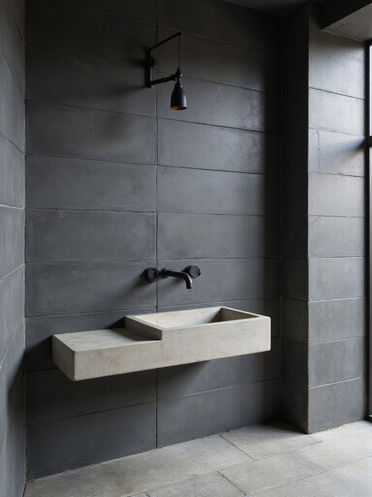 Industrial bathroom wall tiled with matte dark gray vertical stacked subway tiles above a concrete vanity with a black faucet.