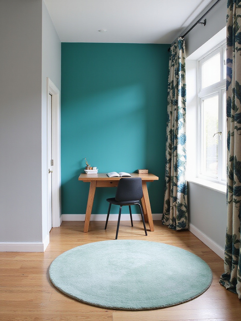 Bedroom with a vibrant teal accent wall behind a desk, featuring natural light and wooden furniture, suggesting a creative space.