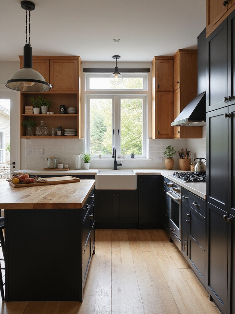 Modern kitchen featuring a stylish combination of matte black cabinetry and warm natural wood tones on cabinets, island countertop, and flooring.
