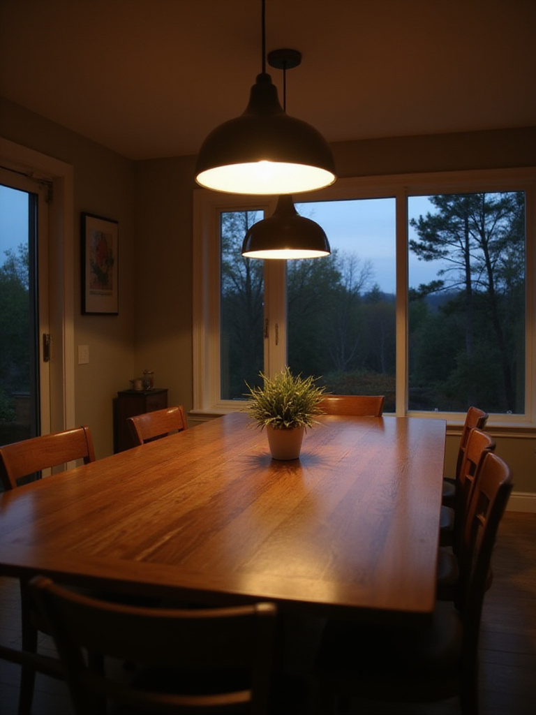 Dining room table split between warm and cool pendant light, illustrating the difference in color temperature and ambiance.