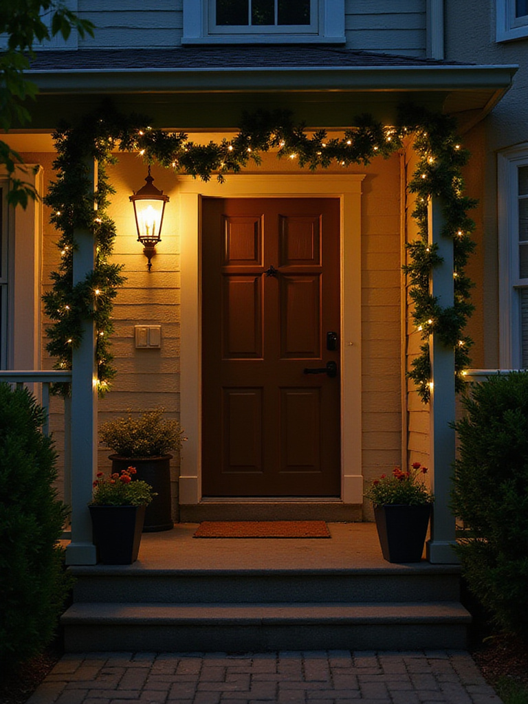 Front door decorated with subtle warm string lights woven into a garland and planters, creating a cozy evening ambiance and boosting curb appeal.