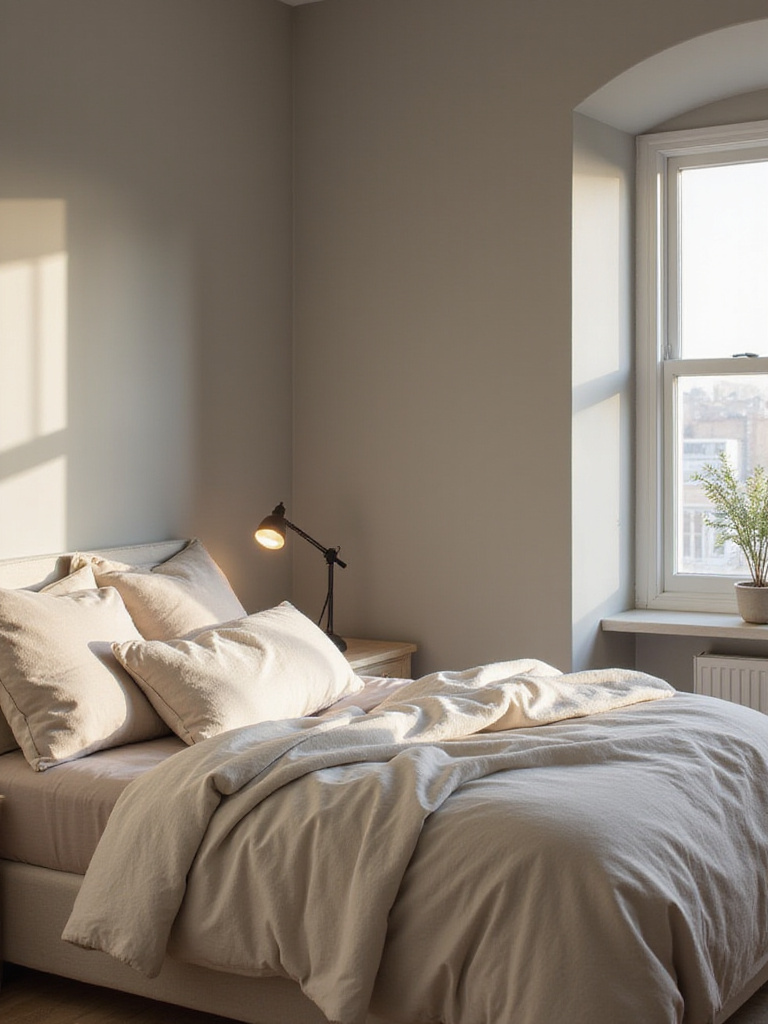 Bedroom with warm grey walls, layered neutral bedding, and soft natural light creating a comfortable and welcoming atmosphere.