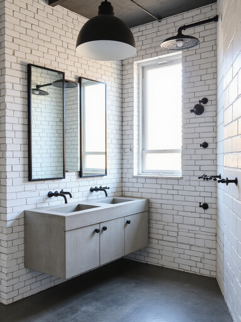 Industrial bathroom with white subway tile walls and black grout, featuring a concrete vanity and exposed pipe shower.