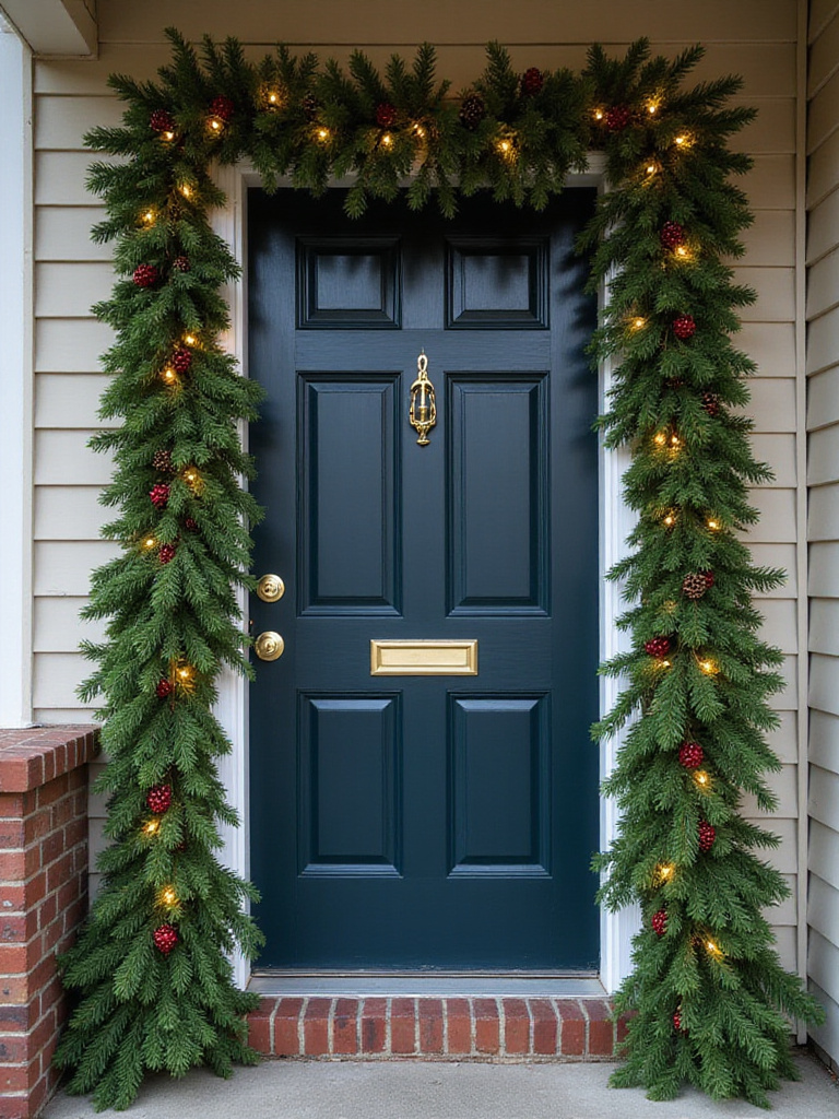 A stunning front door wrapped in lush evergreen Christmas garland with red berries and lights, boosting holiday curb appeal.