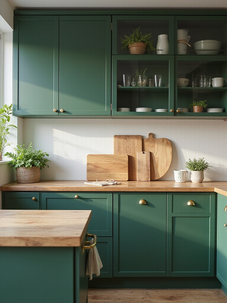 A stylish kitchen featuring green cabinetry and thoughtfully arranged decor, showcasing a blend of colors and textures.
