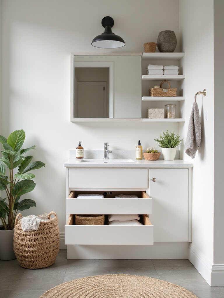 Elegant bathroom with integrated storage solutions and minimalist design