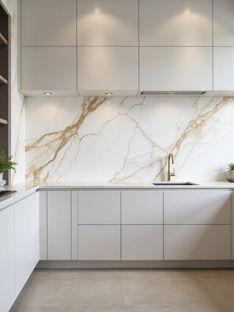 Modern kitchen featuring a full-height slab backsplash made of Calacatta Gold marble