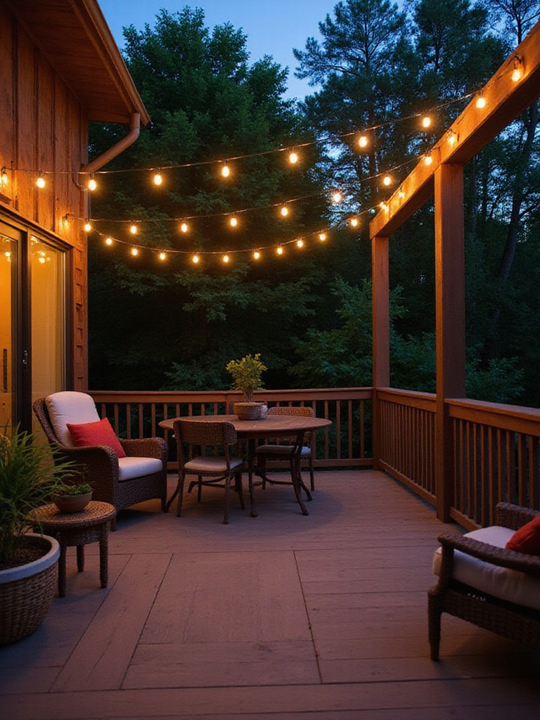A deck adorned with budget-friendly solar string lights glowing softly in the evening.