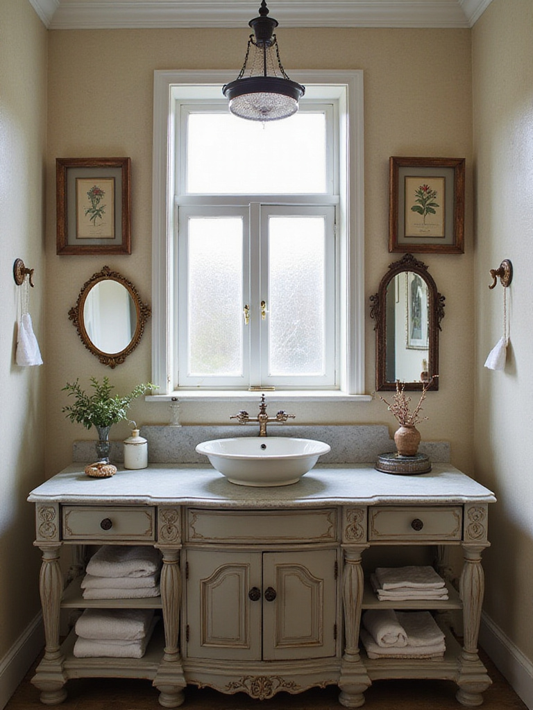 Vintage bathroom decor featuring a repurposed Victorian washstand and antique mirrors.