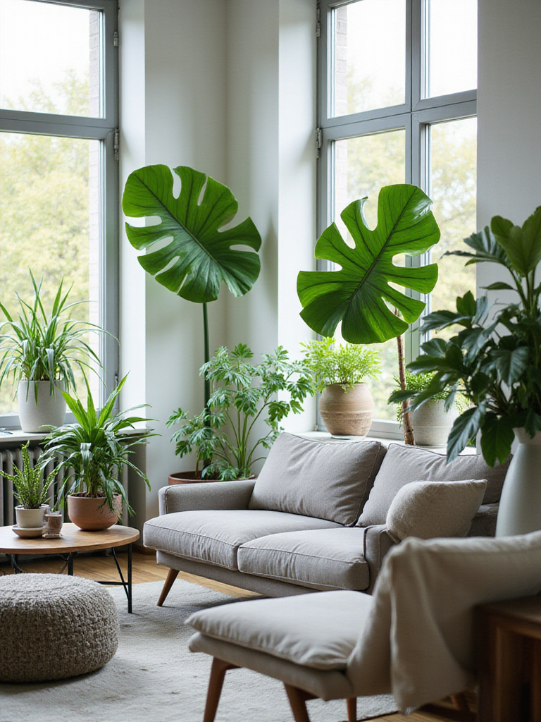 Modern living room with indoor plants and natural light
