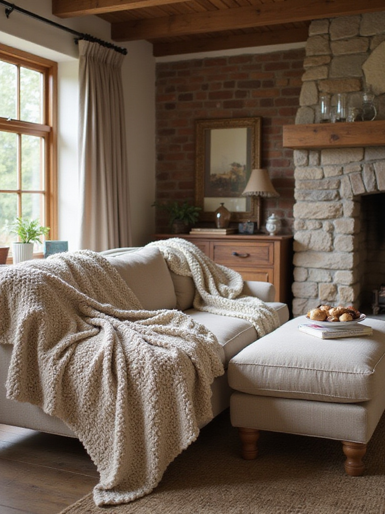Cozy rustic living room with chunky knit throws layered on a sofa