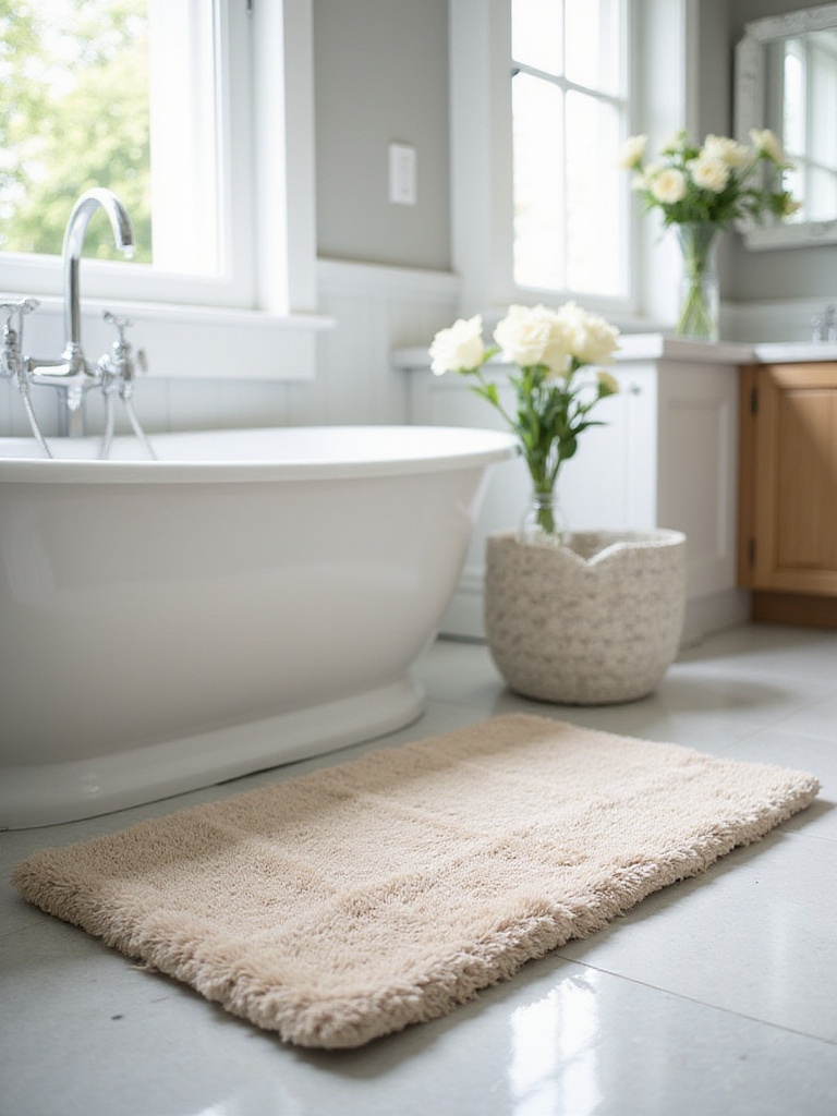 Luxurious bathroom with a plush bath mat in front of a modern bathtub