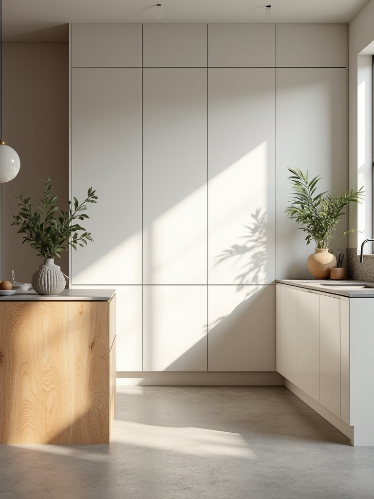 Stylish kitchen showcasing mixed textures: smooth cabinetry, rough wood island, and matte concrete floor.