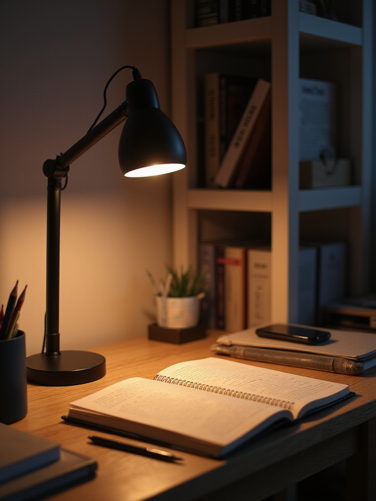 Cozy bedroom desk with adjustable task lighting illuminating art supplies and a notebook.