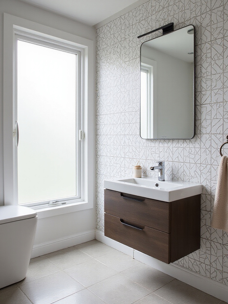 Modern bathroom with sleek geometric wallpaper designs and contemporary fixtures