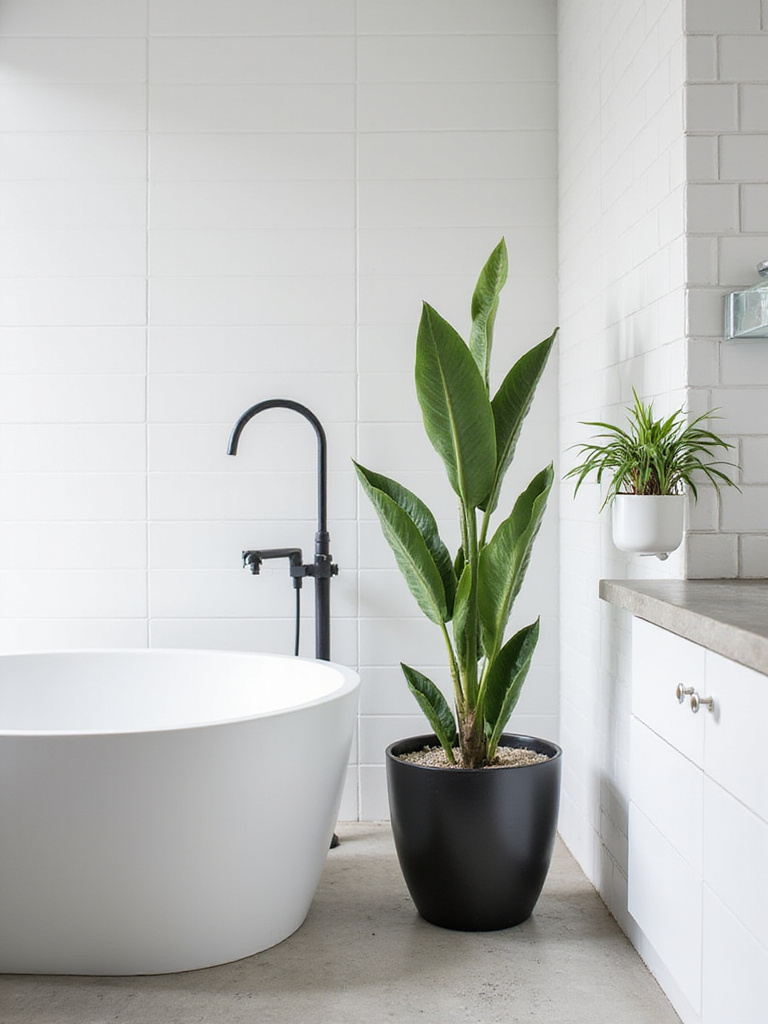 Minimalistic bathroom with simple plants for organic warmth