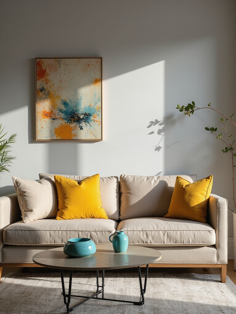 Modern living room with pops of color accentuating a neutral palette.