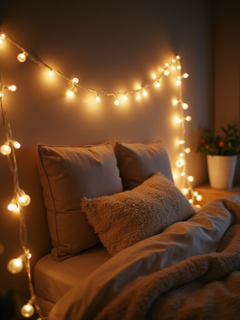 Cozy bedroom with fairy lights creating a whimsical charm.