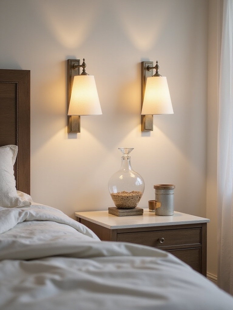 A cozy bedroom with wall sconces illuminating a clean nightstand, showcasing a serene atmosphere.