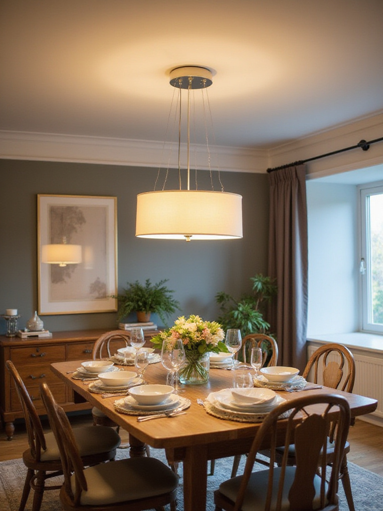 Elegant dining room with flush-mount chandelier above a long table, showcasing low ceiling design.