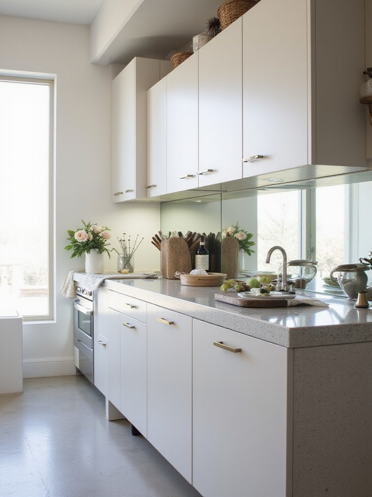 Modern kitchen with mirrored backsplash panels reflecting light and space.