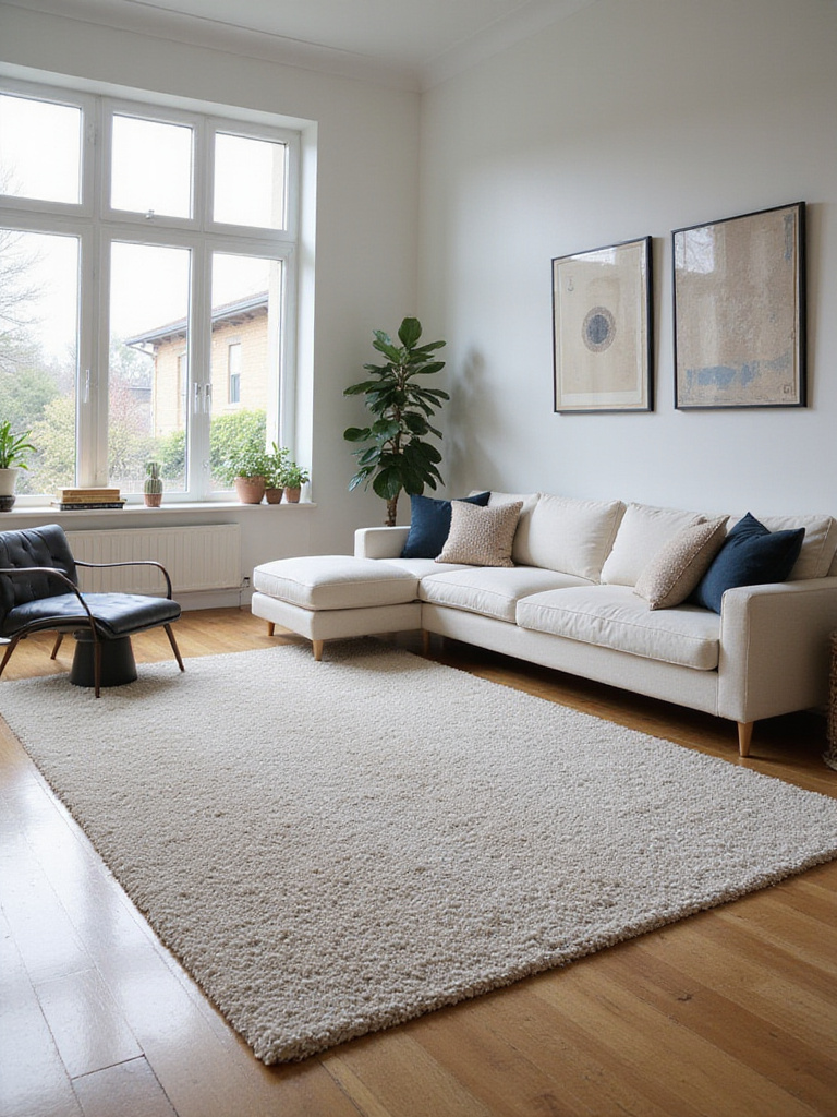 Modern living room with a large area rug anchoring the seating area, showcasing stylish decor.