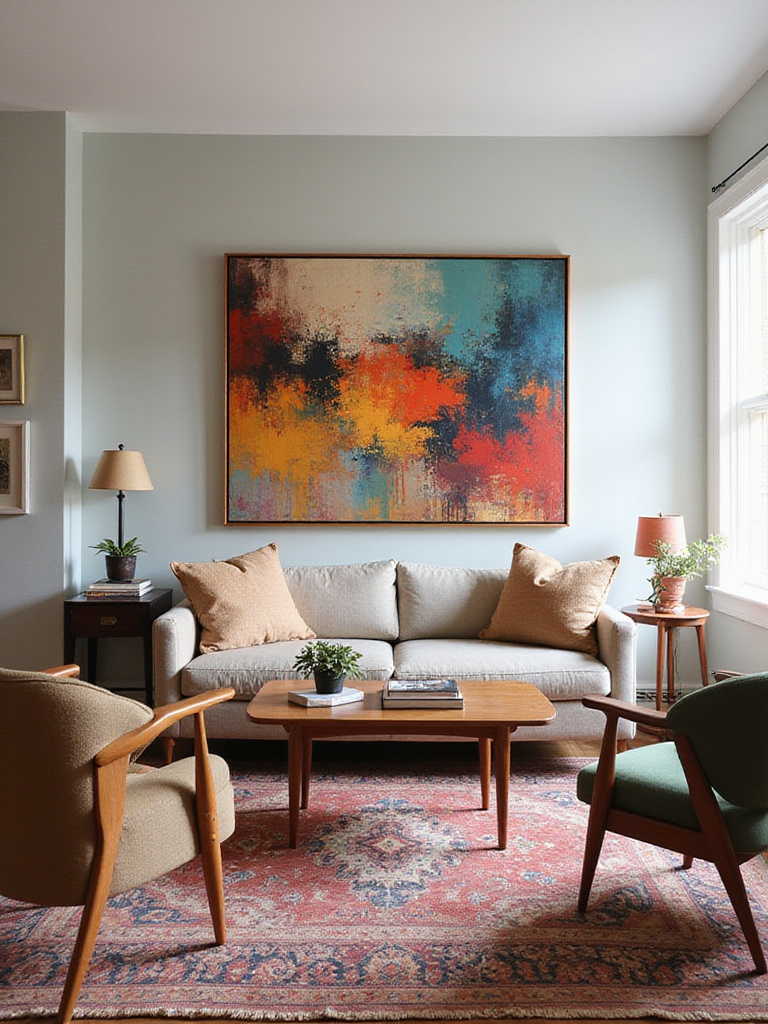 An eclectic living room with a bold abstract painting above a mid-century modern sofa.