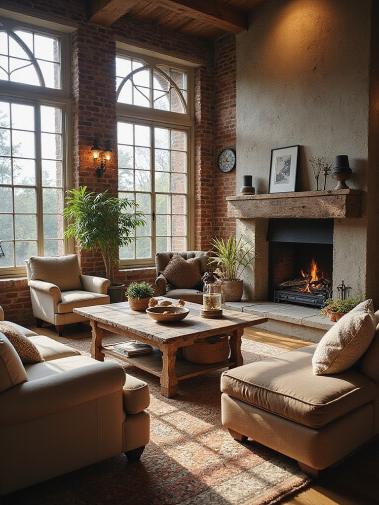 Eclectic living room with furniture arranged for conversation zones around a fireplace.