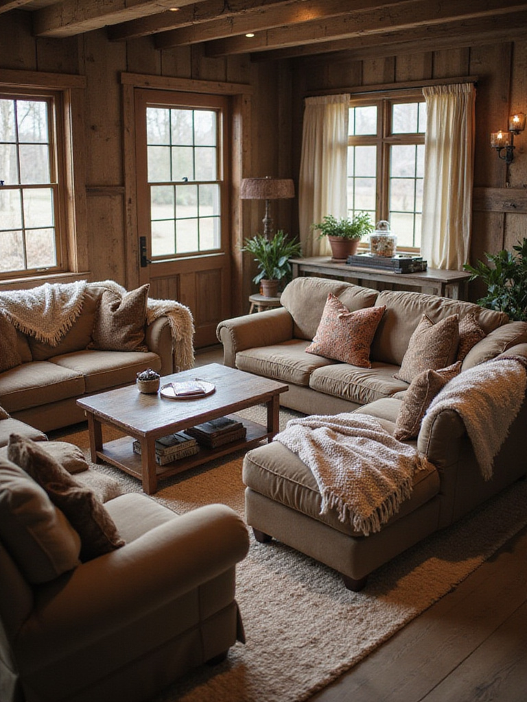 Cozy rustic living room with plush oversized sofas and armchairs